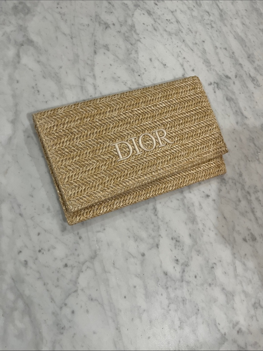 Dior Natural Straw Envelope Clutch with White Embroidered Logo